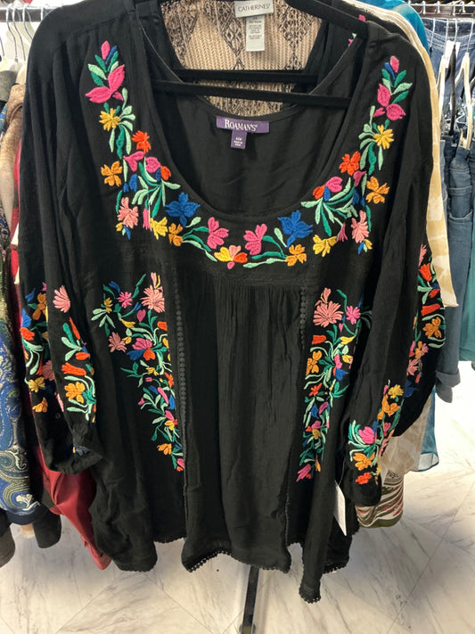 Roaman's Embroidered Blouse - Black with multicolored embroidery - 44W NWT