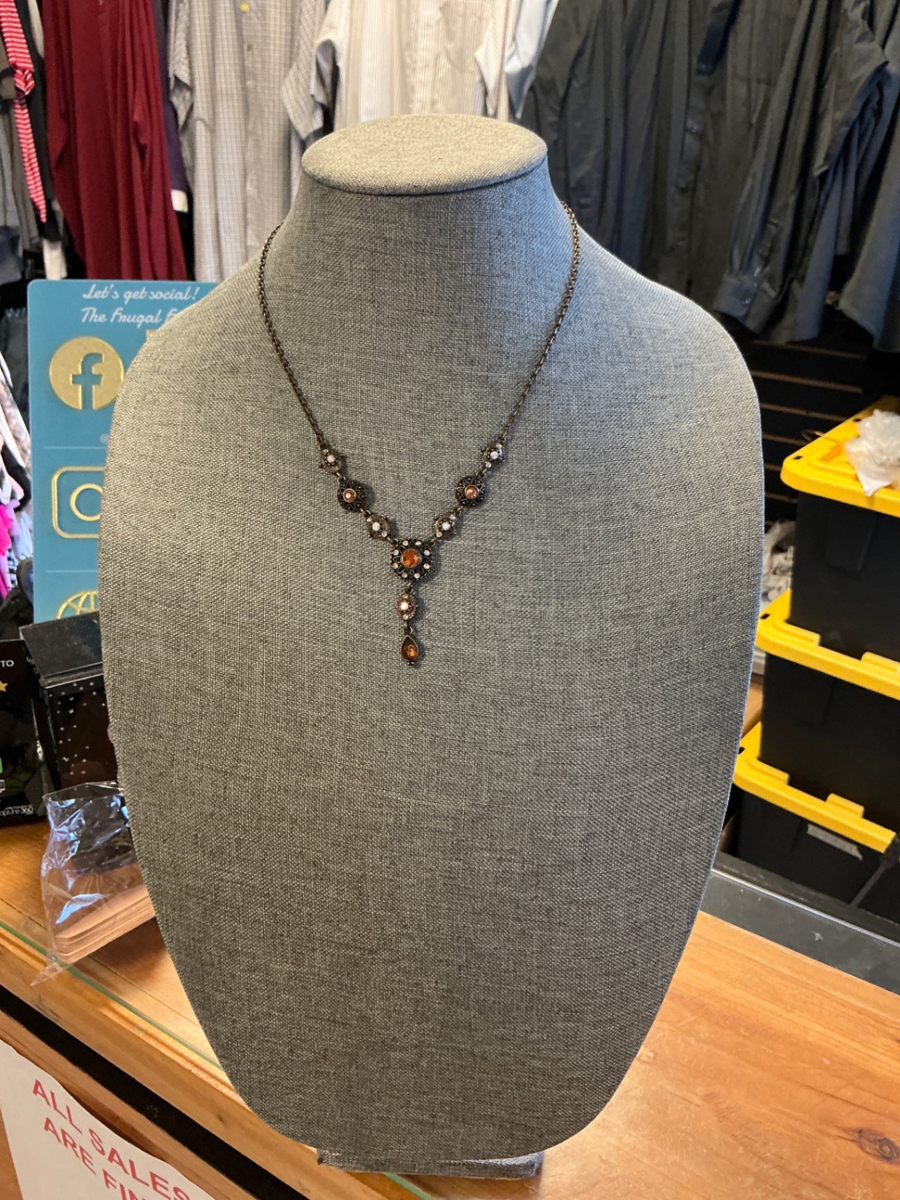 Necklace - Bronze with amber and clear stones -