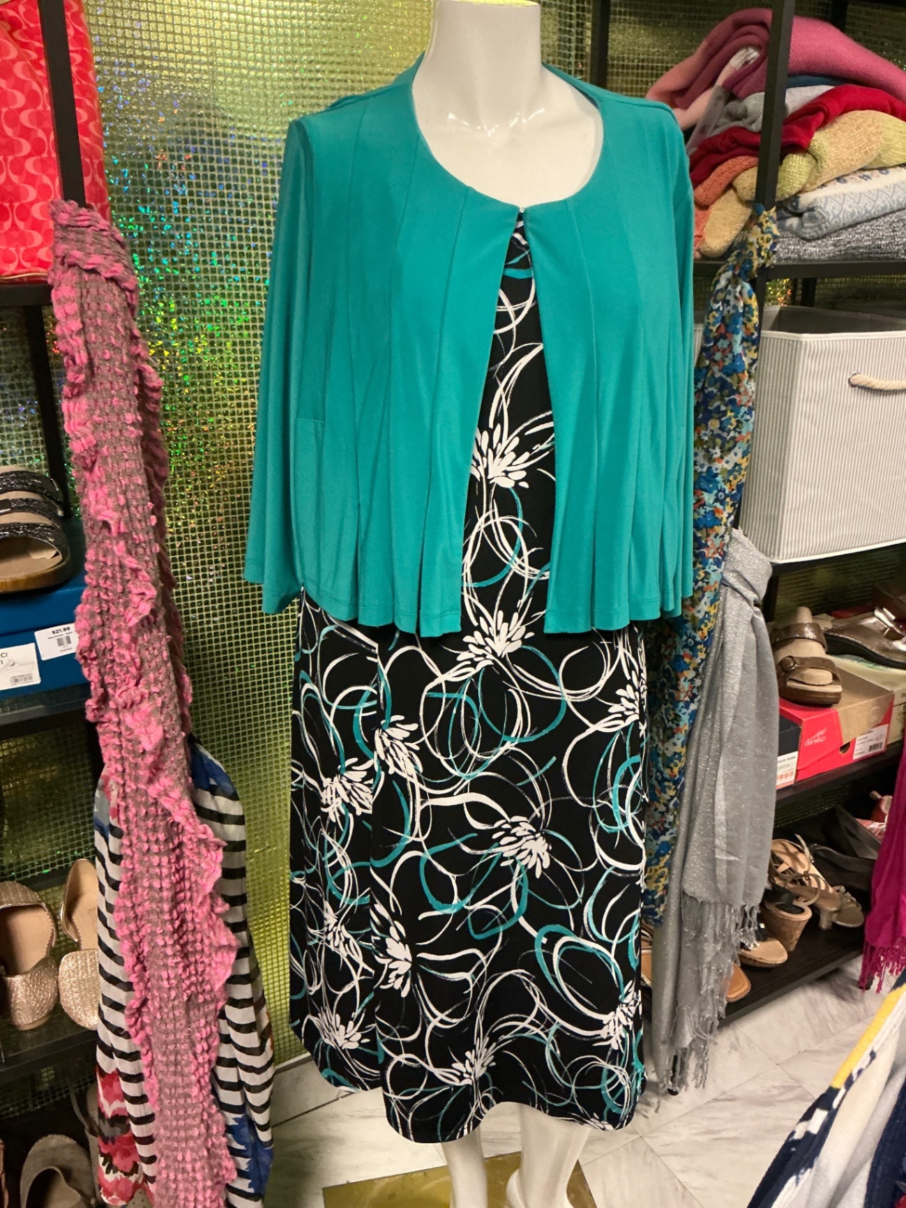 Julian Taylor Dress w/ Cardigan - Black with white and teal patterns - 20W