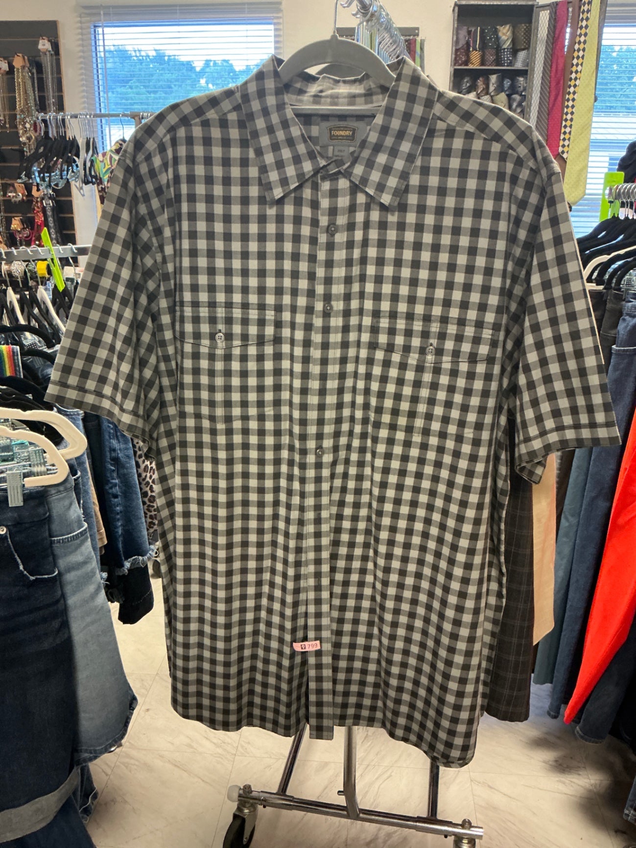 Foundry Short Sleeve Button Up Shirt - Gray and Black - 2XLT