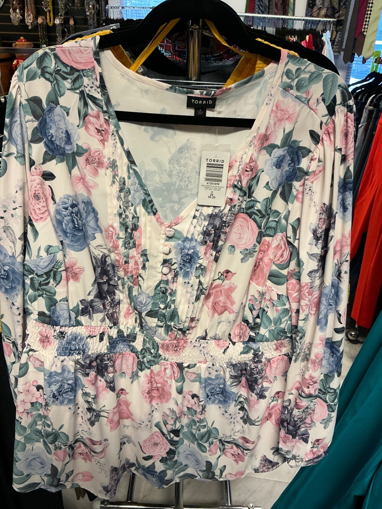Torrid Blouse - Multicolor (primarily white with pink, blue, and green floral pattern) - 2