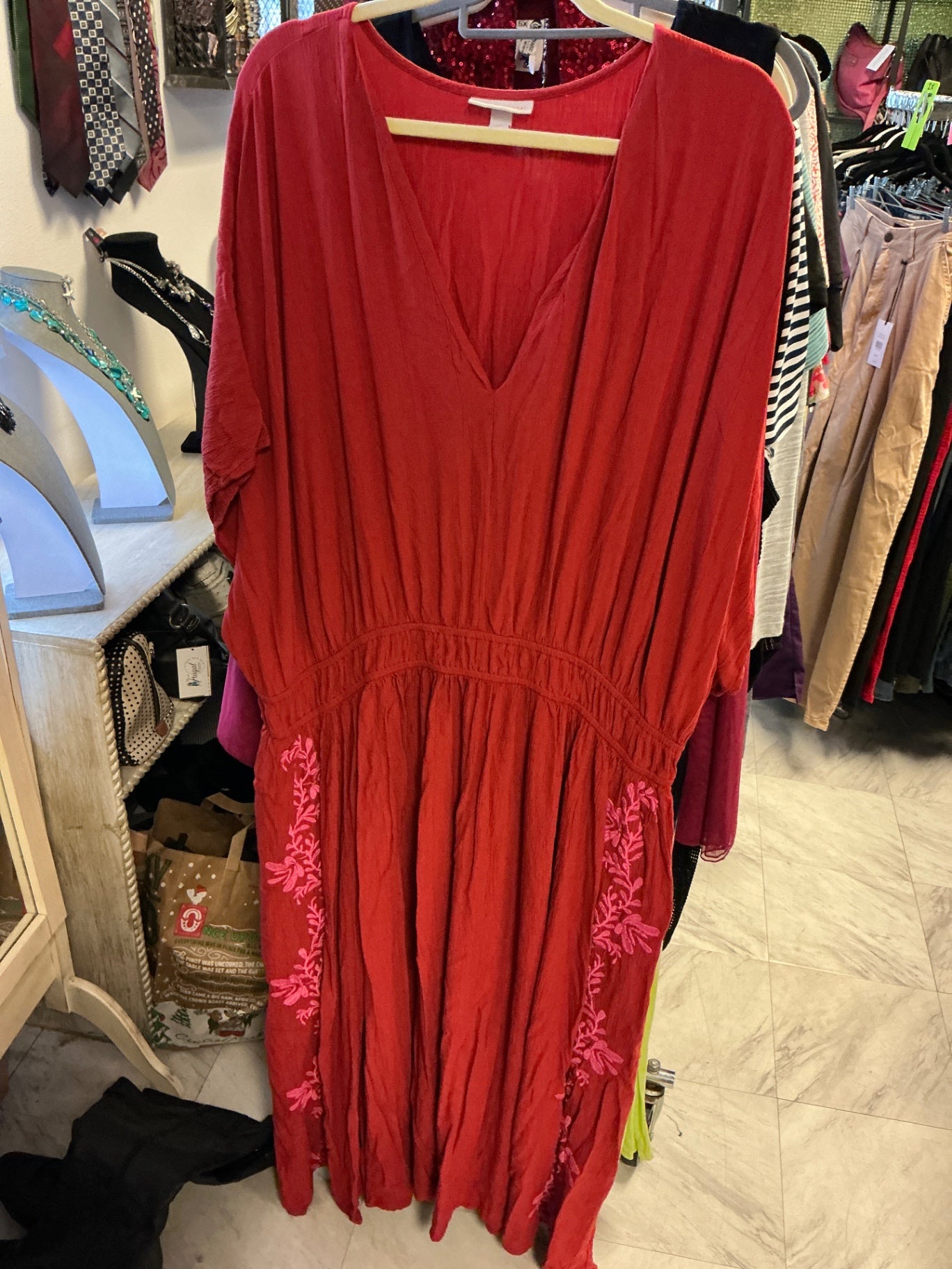 Knox Rose Dress - Brick Red with pink embroidery - 3X