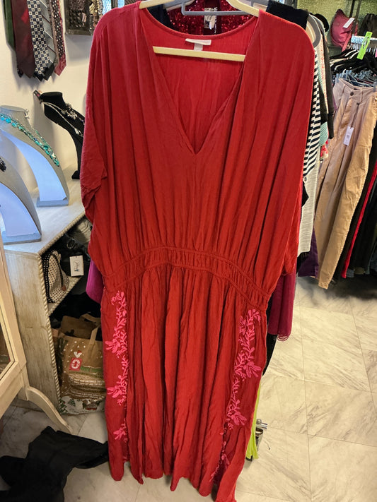 Knox Rose Dress - Brick Red with pink embroidery - 3X