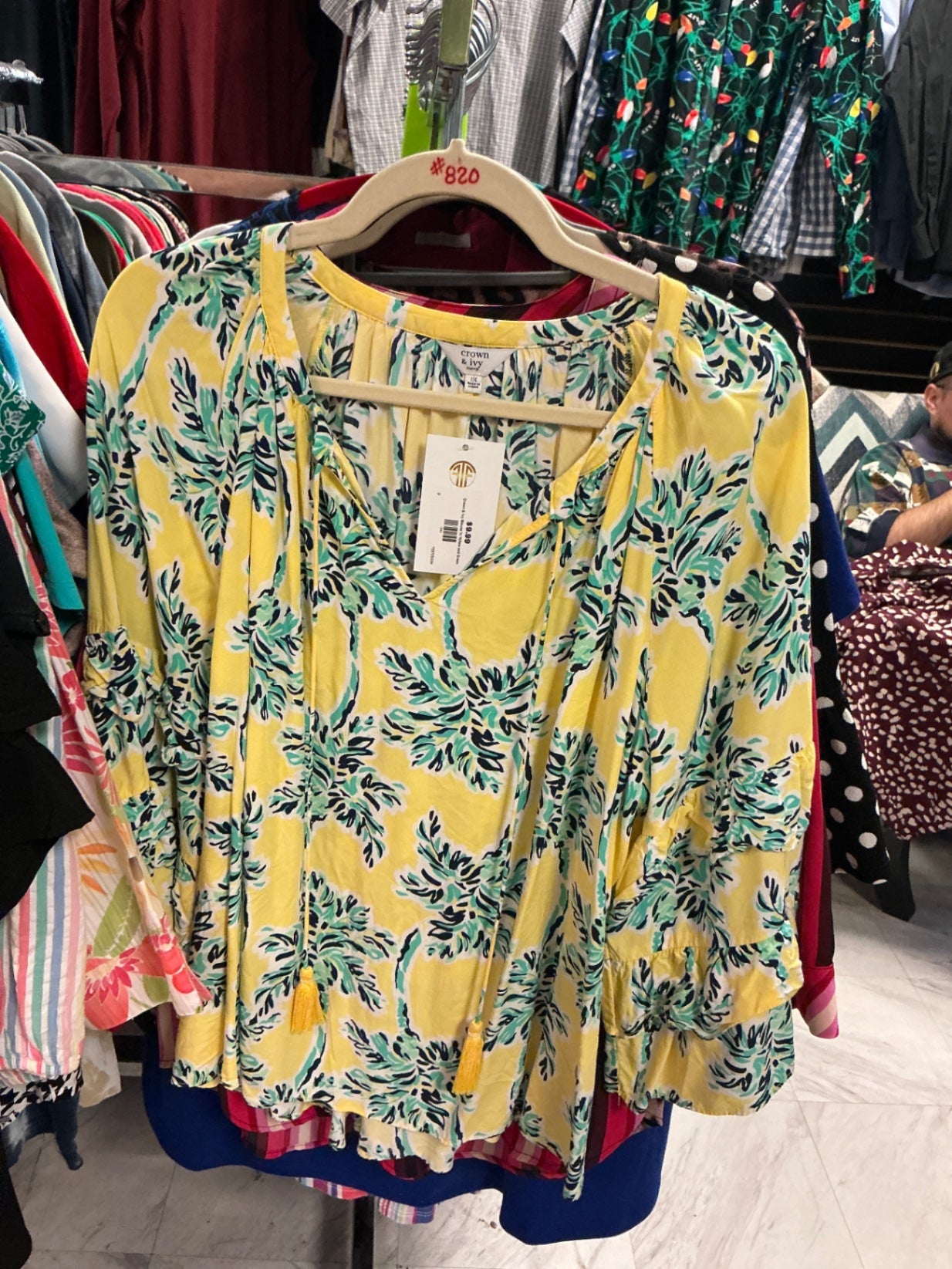 Crown & Ivy Blouse - Yellow with green and navy print - 1X NWT