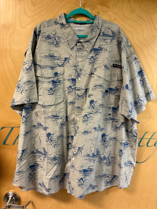 Columbia Short Sleeve Button-Up Shirt - Gray and Blue - 5X