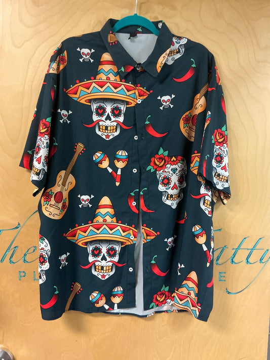 Short Sleeve Button-Up Shirt - Black with multicolored print - 3XL