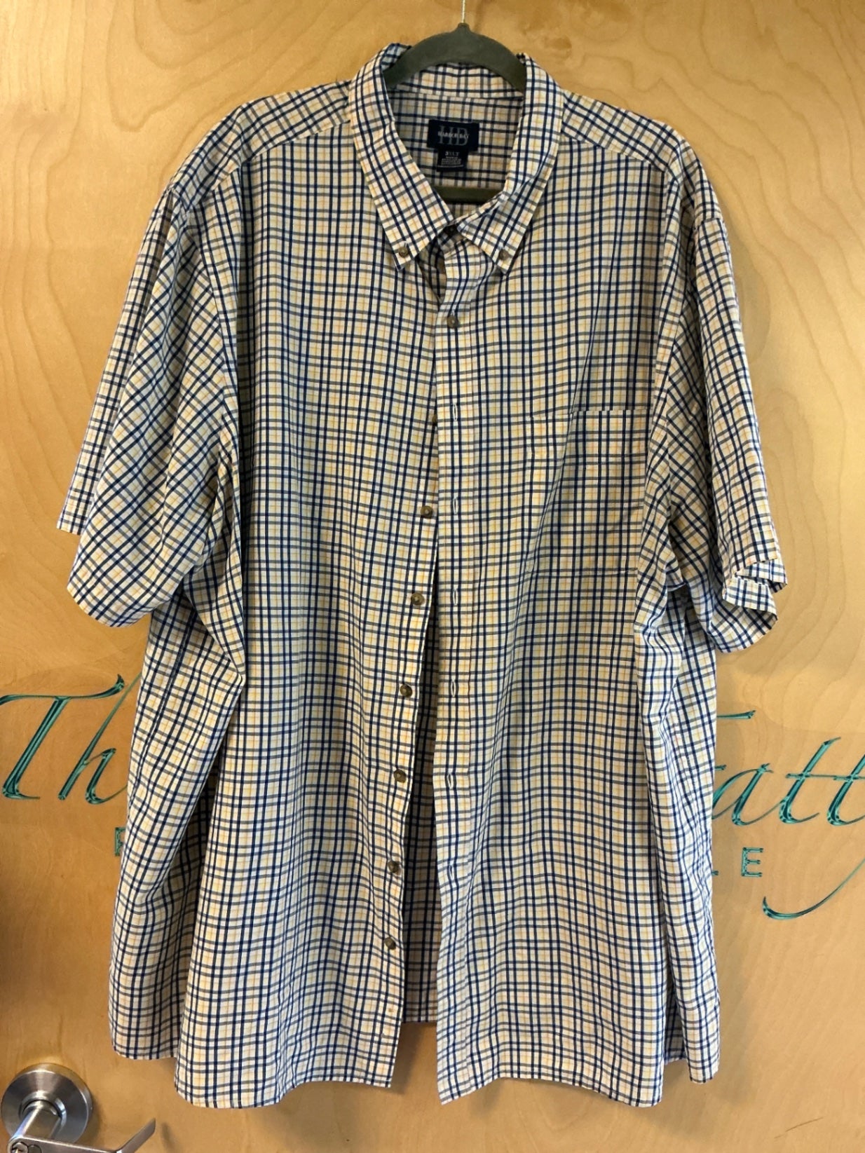 Harbor Bay Short Sleeve Button-Up Shirt - NavyBlue/Yellow Check - 3XLT