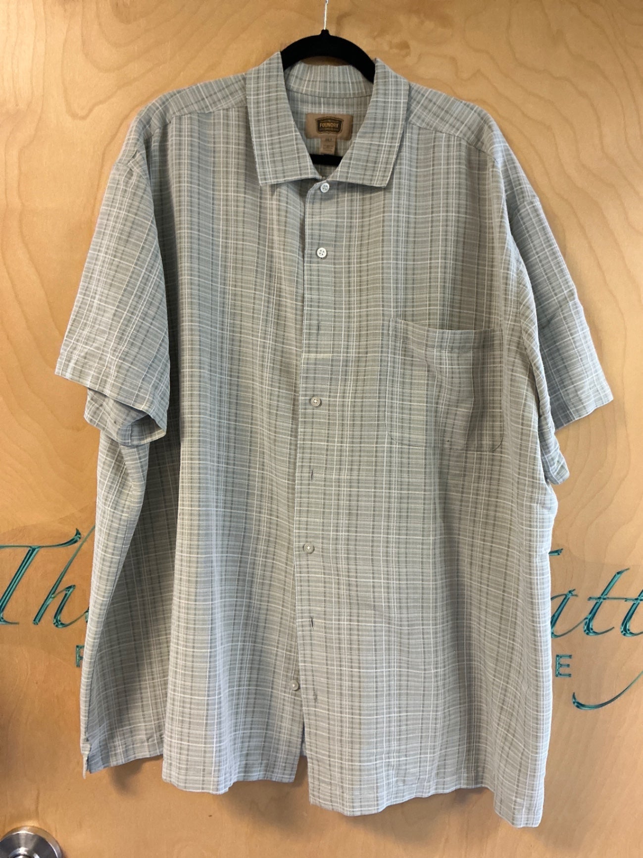 Foundry Short Sleeve Button-Up Shirt - Gray with plaid pattern - 3XLT