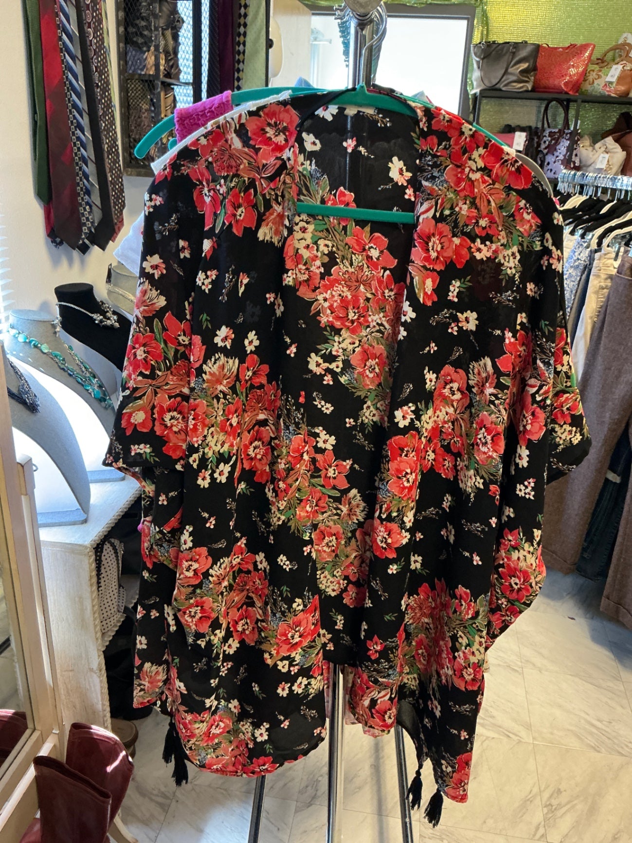 Kimono - Black with red, white, and green floral pattern -