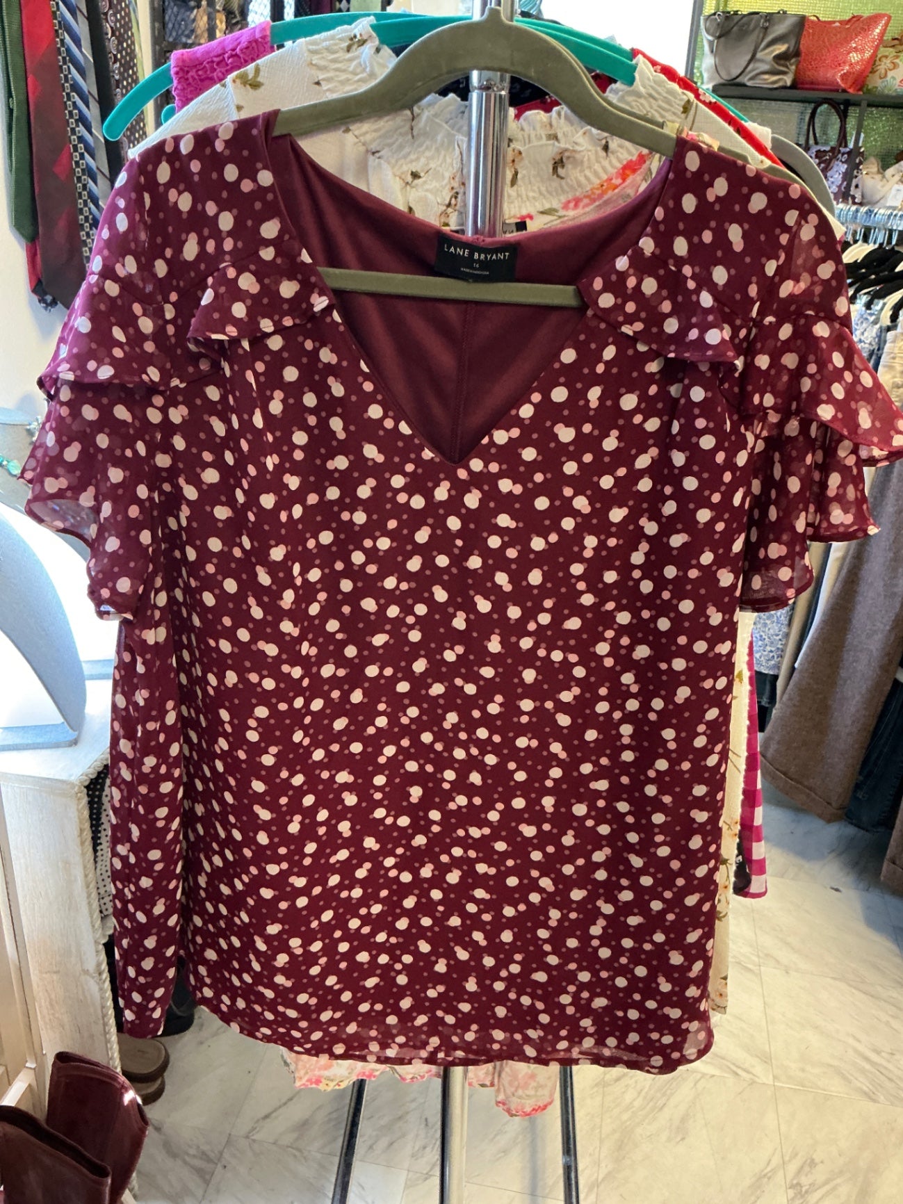 LANE BRYANT Blouse - Burgundy with pink dots - 16