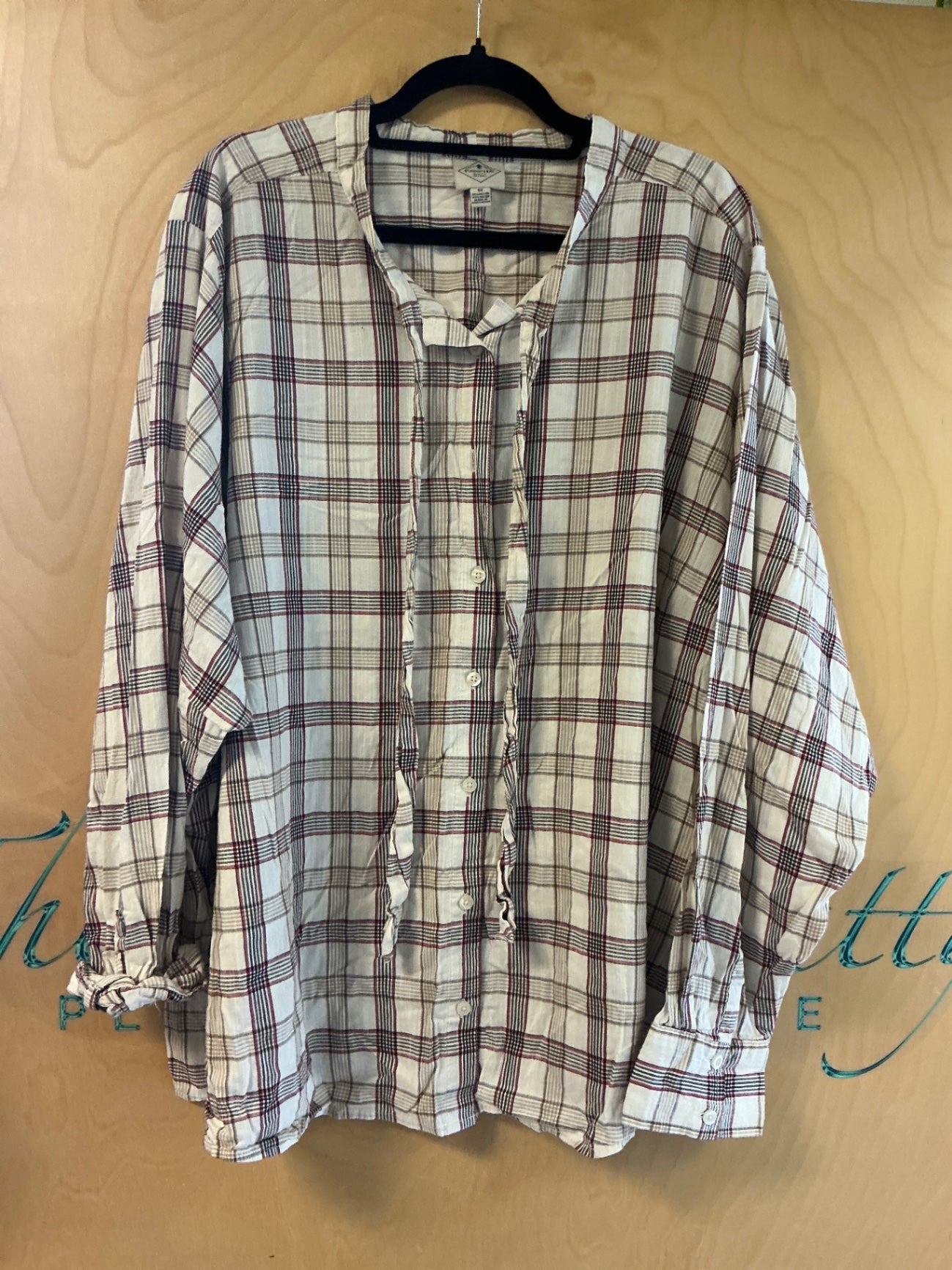 St. John's Bay Blouse - Beige with Red and Black Plaid Pattern - 5X