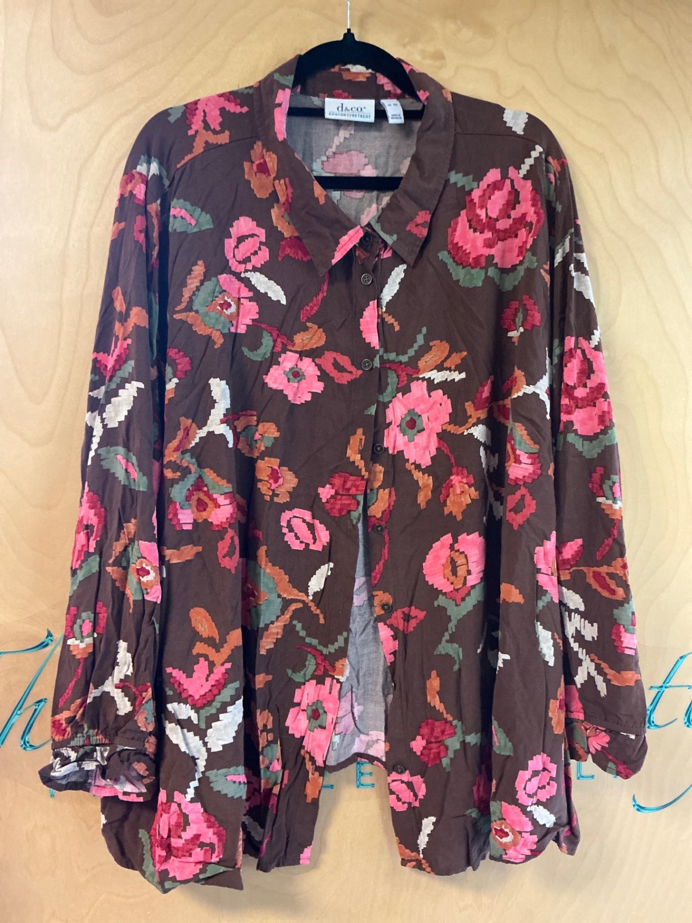 d&co Blouse - Brown with pink, green, white, and orange floral pattern - 5X