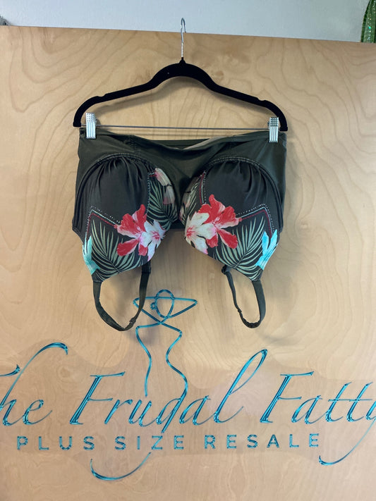 Lane Bryant Cacique Swimsuit top - Dark green with red, white, and green floral pattern - 44DDD