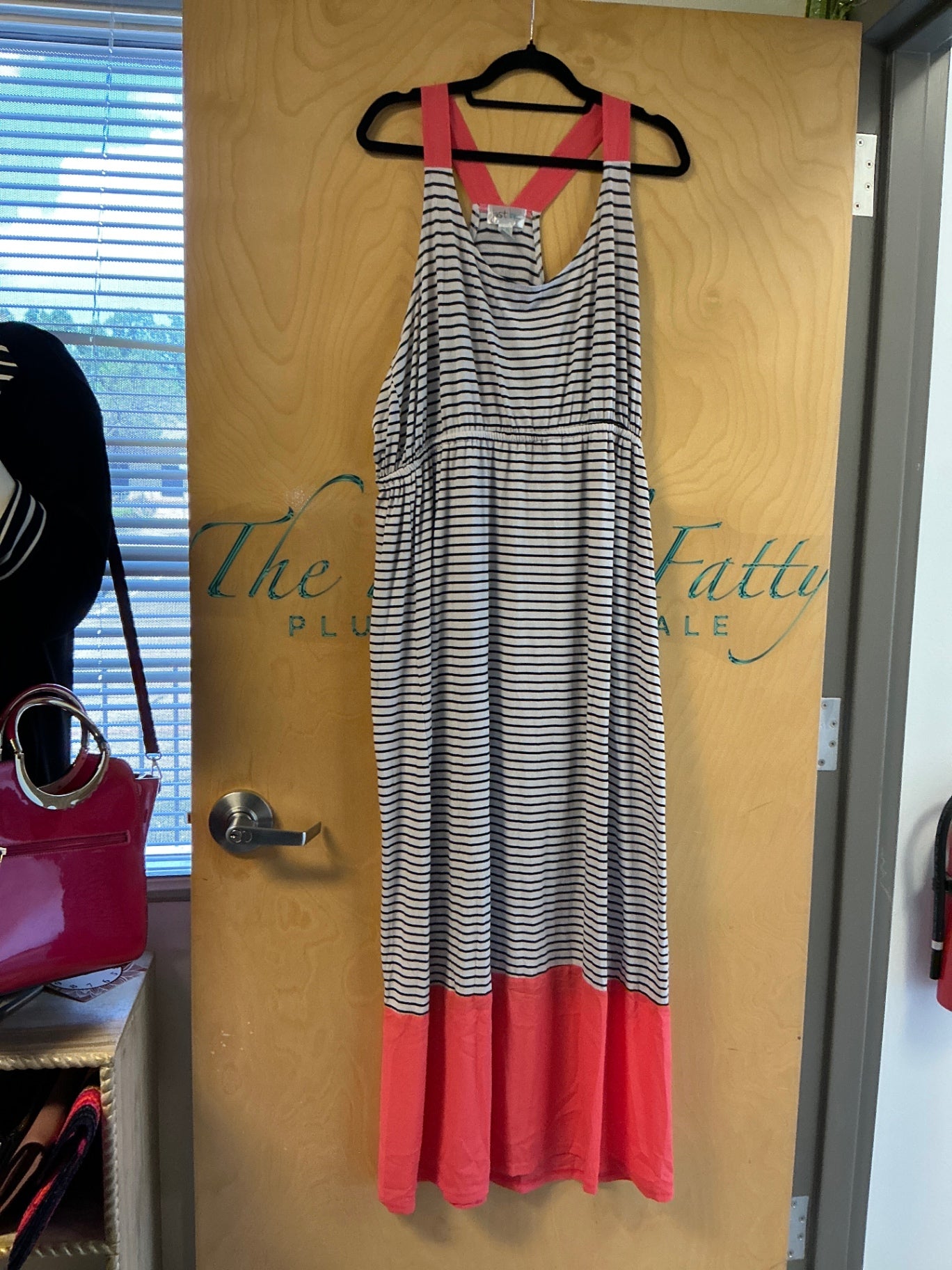 Just Be Maxi Dress - Beige with navy blue stripes and coral pink hem - 3XL