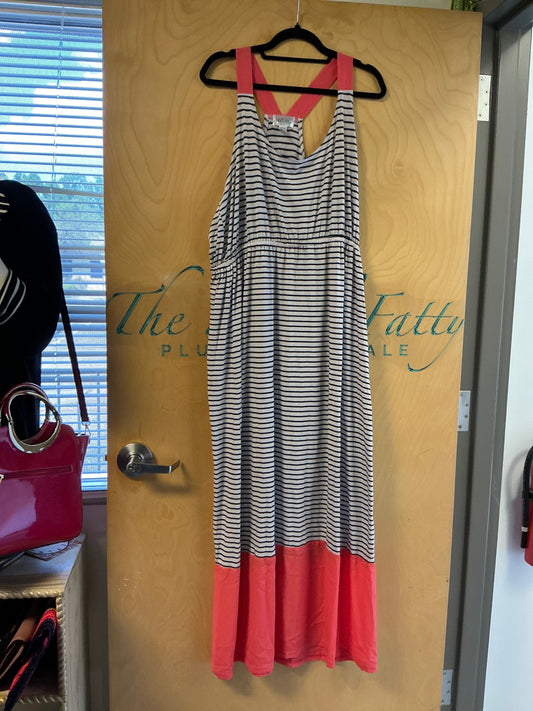 Just Be Maxi Dress - Beige with navy blue stripes and coral pink hem - 3XL