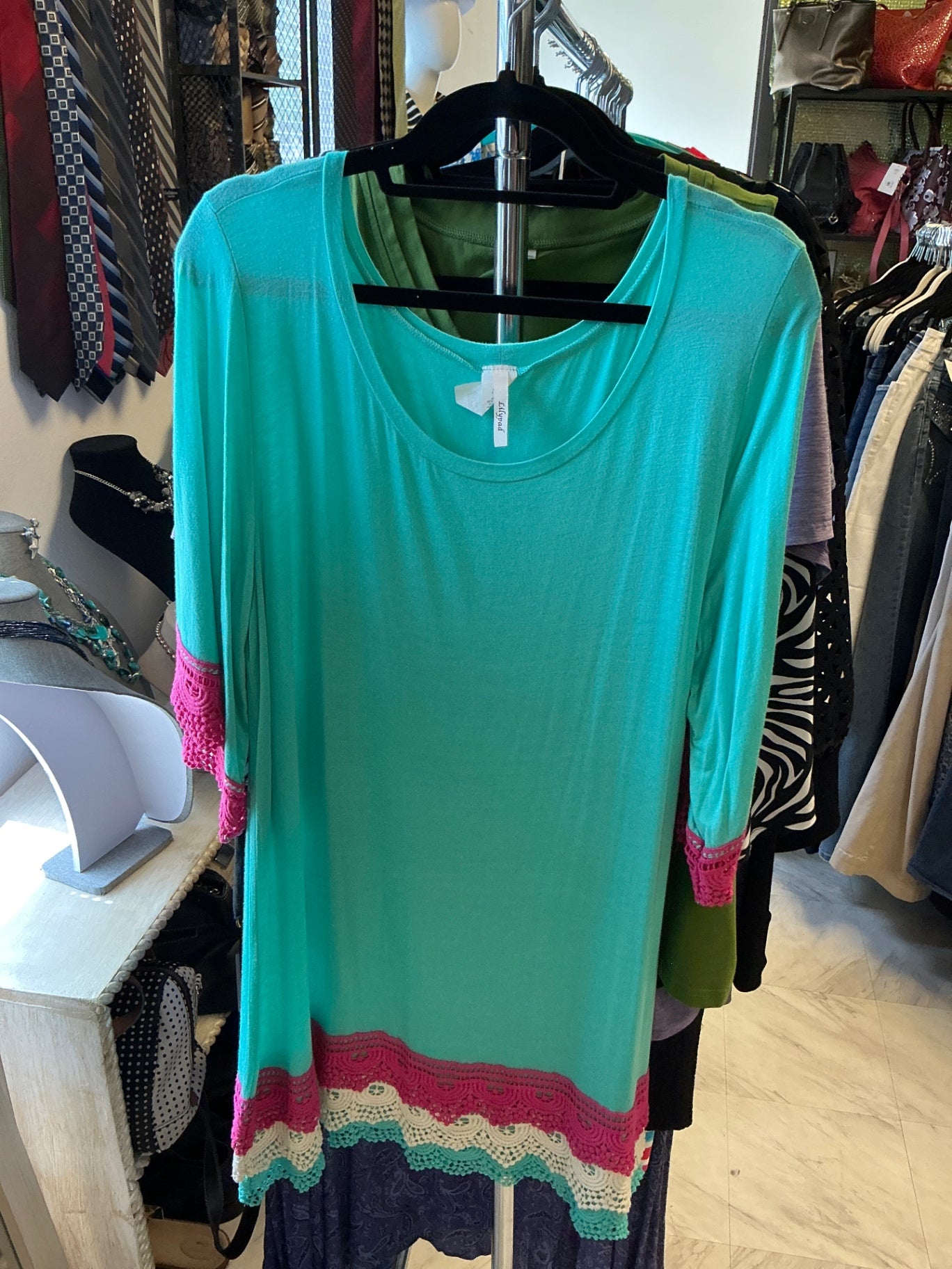 Lily pad Knit Sweater - Turquoise with pink, white, beige, and navy blue accents -