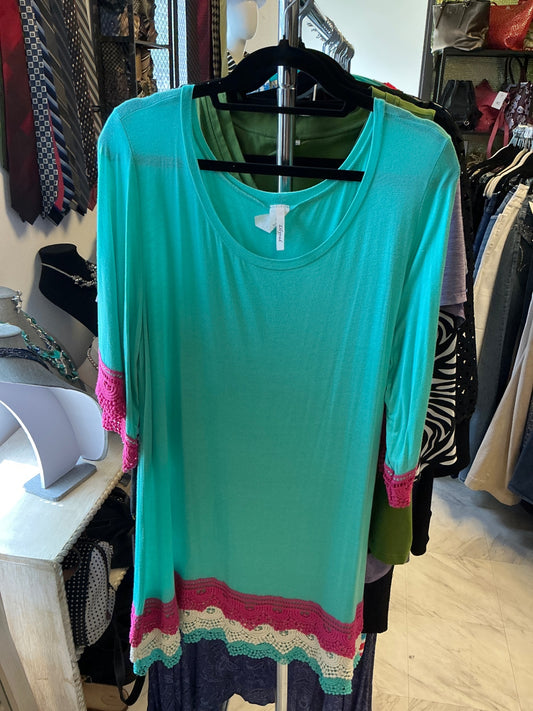 Lily pad Knit Sweater - Turquoise with pink, white, beige, and navy blue accents -