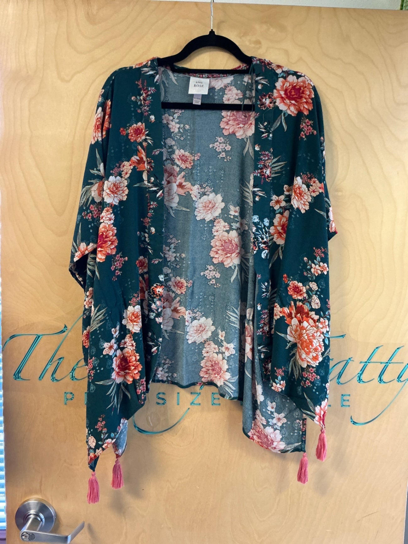 Knox Rose Kimono - Dark teal with pink, white, and coral floral print - 1X-2X