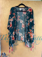 Knox Rose Kimono - Dark teal with pink, white, and coral floral print - 1X-2X