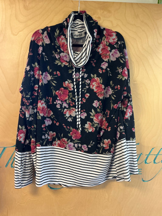 Haptics Long Sleeve Cowl Neck - Black with pink, purple, and green floral pattern and white with black stripes accents - 1X