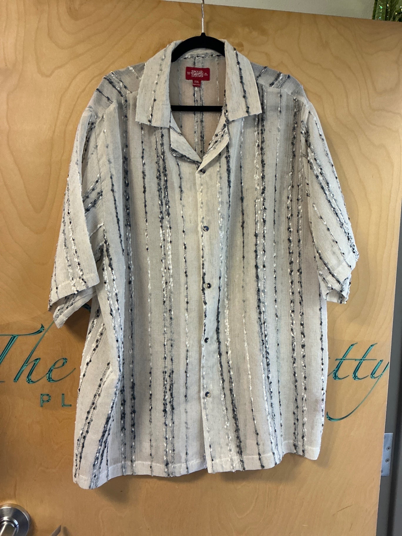 Stacy Adams Linen Button Down Shirt - Beige with black and white stripes - XXL