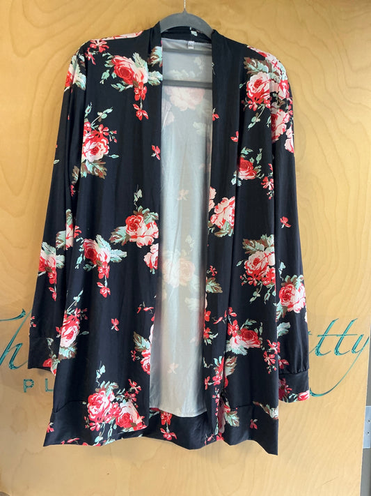 Cardigan - Black with pink and green floral pattern - 3X