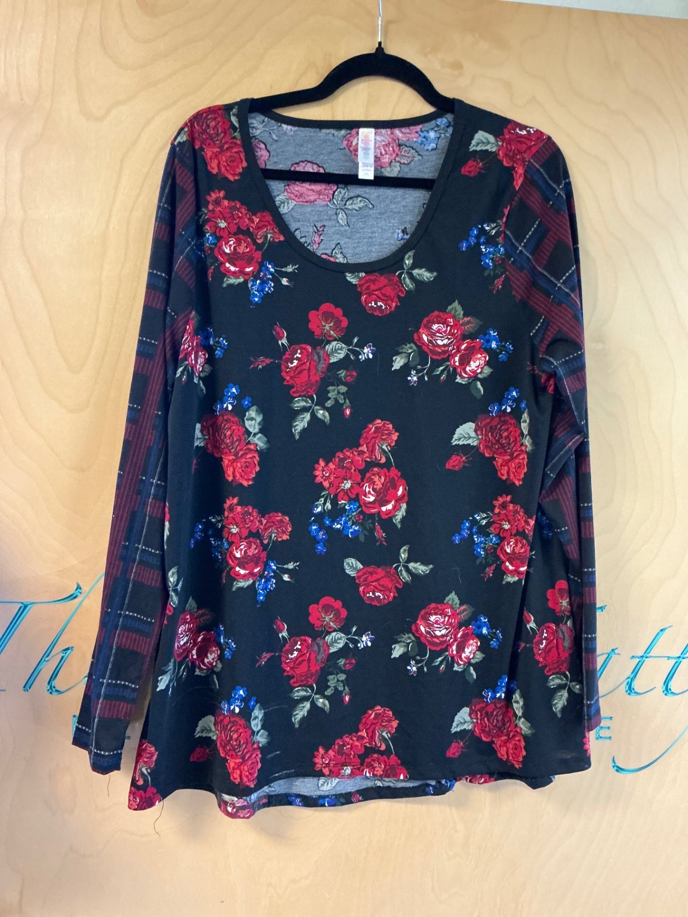LuLaRoe Long Sleeve T-Shirt - Black with Red, Blue, and Green floral pattern - 2XL NWOT