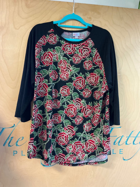 LuLaRoe Long Sleeve T-Shirt - Black with red and green floral pattern - 3XL NWOT