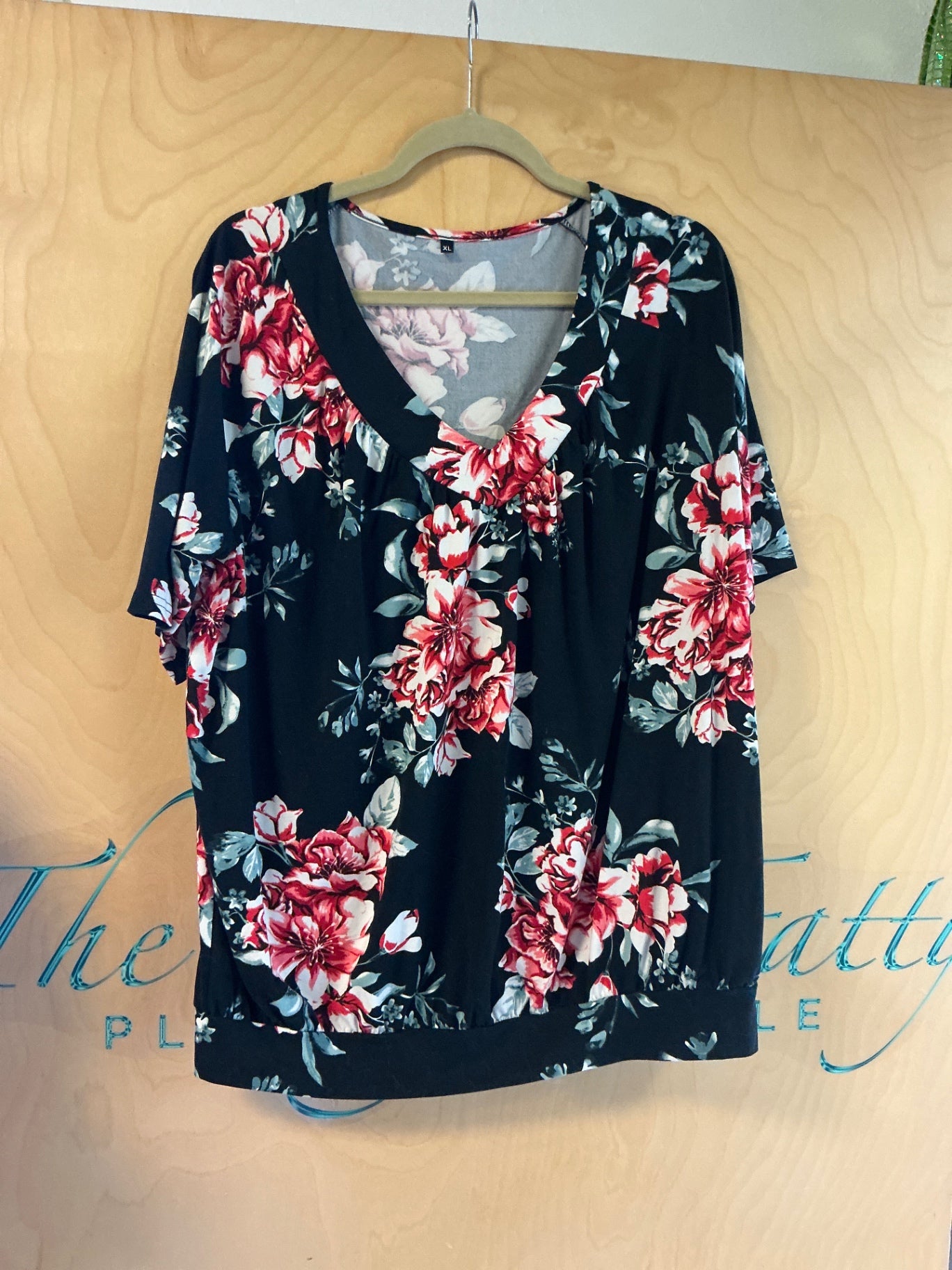Blouse - Black with Red and White floral pattern - XL