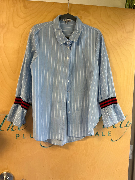 Cravefame Blouse - Light Blue with White Pinstripes - 1X