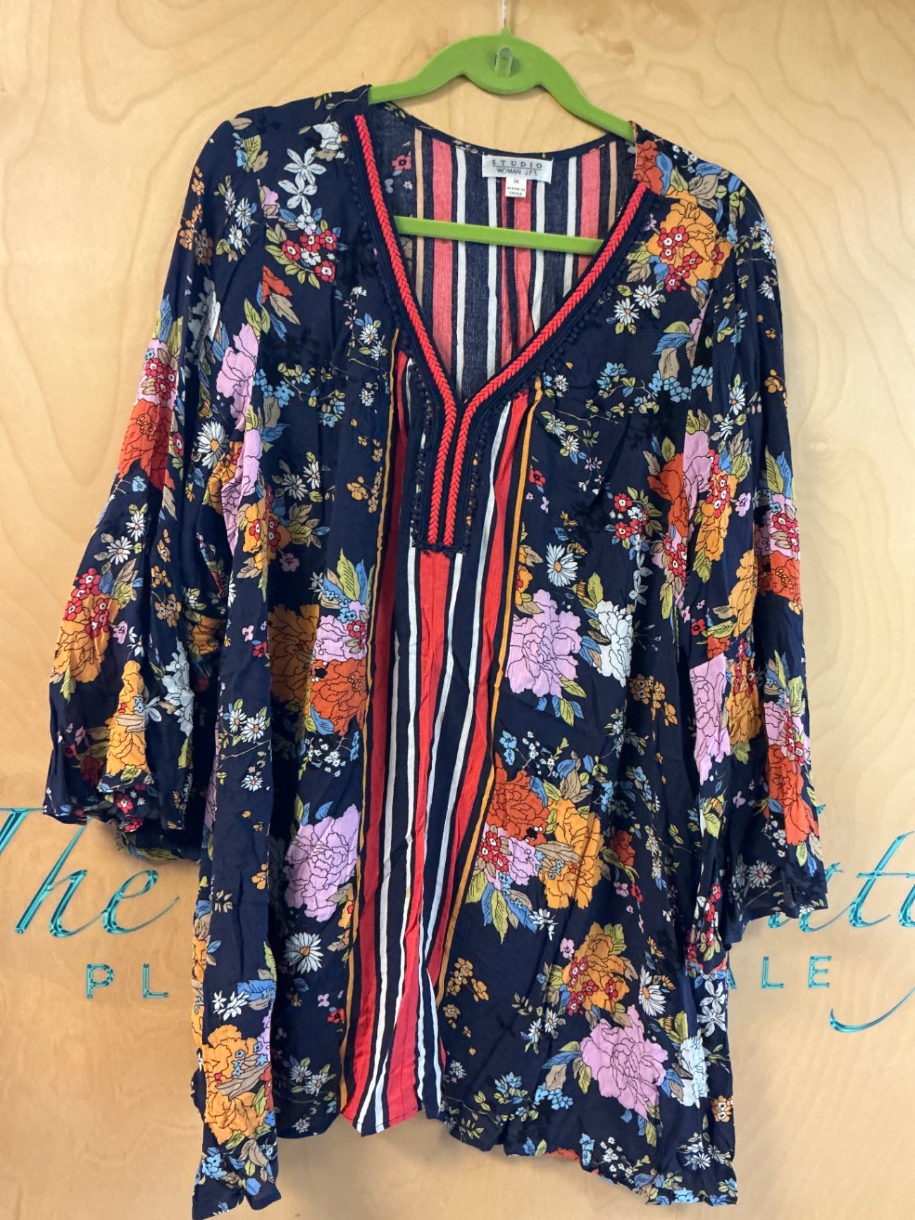 STUDIO WOMAN Blouse - Navy blue with multicolor floral and striped patterns - 1X